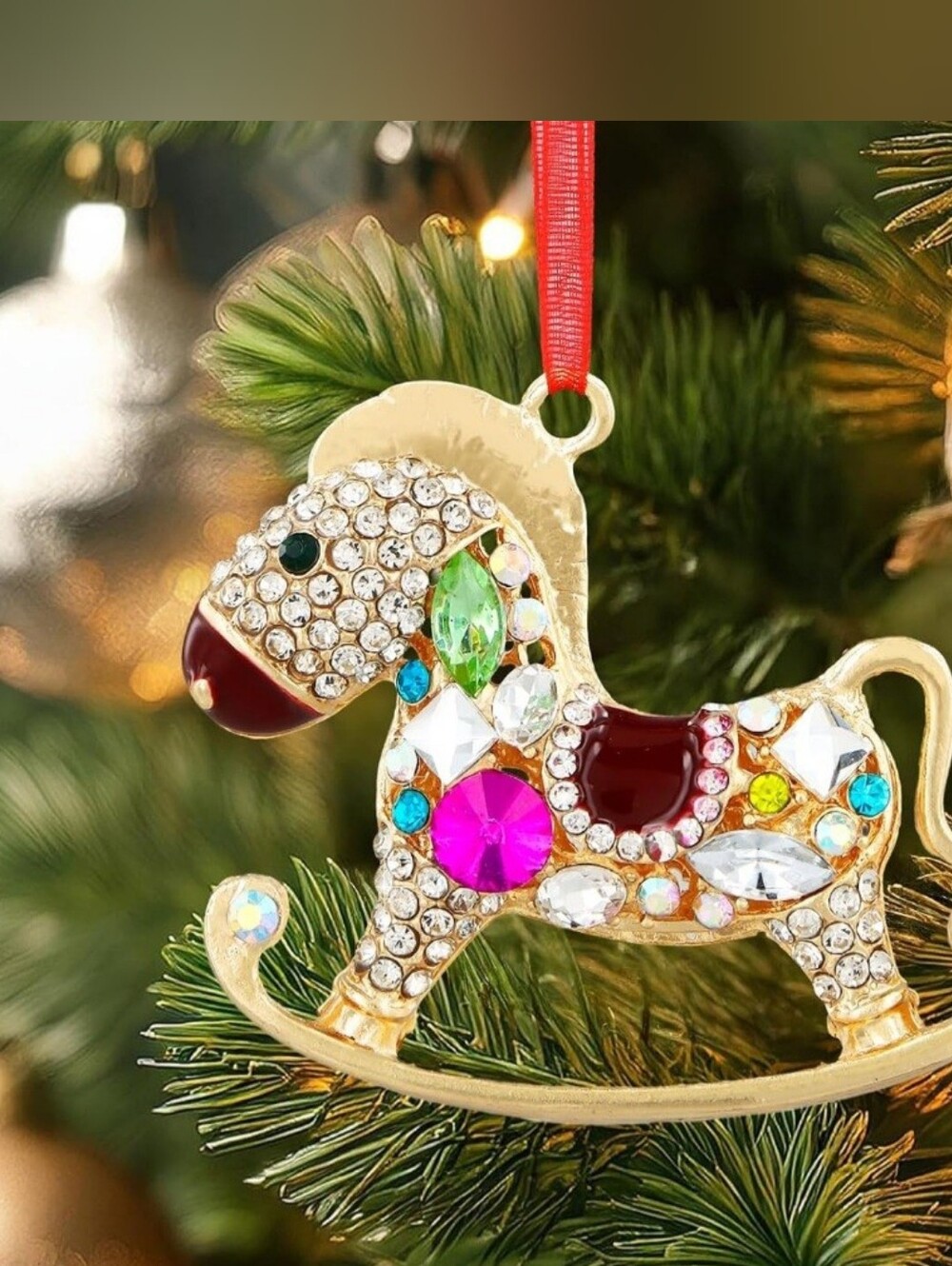 Rocking horse Christmas ornament with rhinestones and colorful gemstones